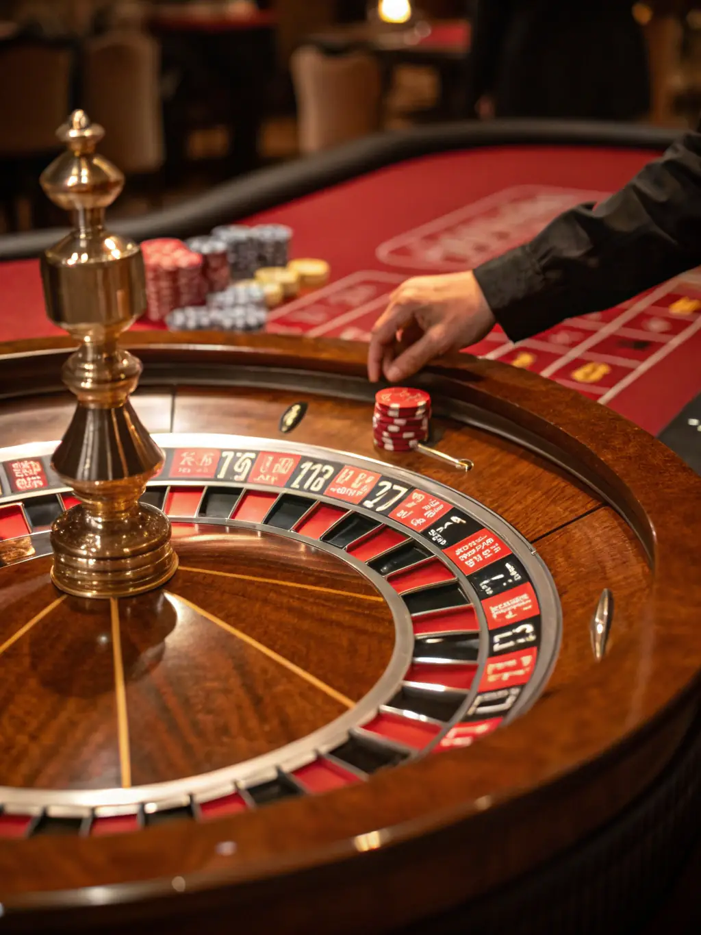 A sophisticated image displaying a roulette wheel in motion at 7u cassino, surrounded by betting chips and a luxurious casino setting, capturing the anticipation of the game.