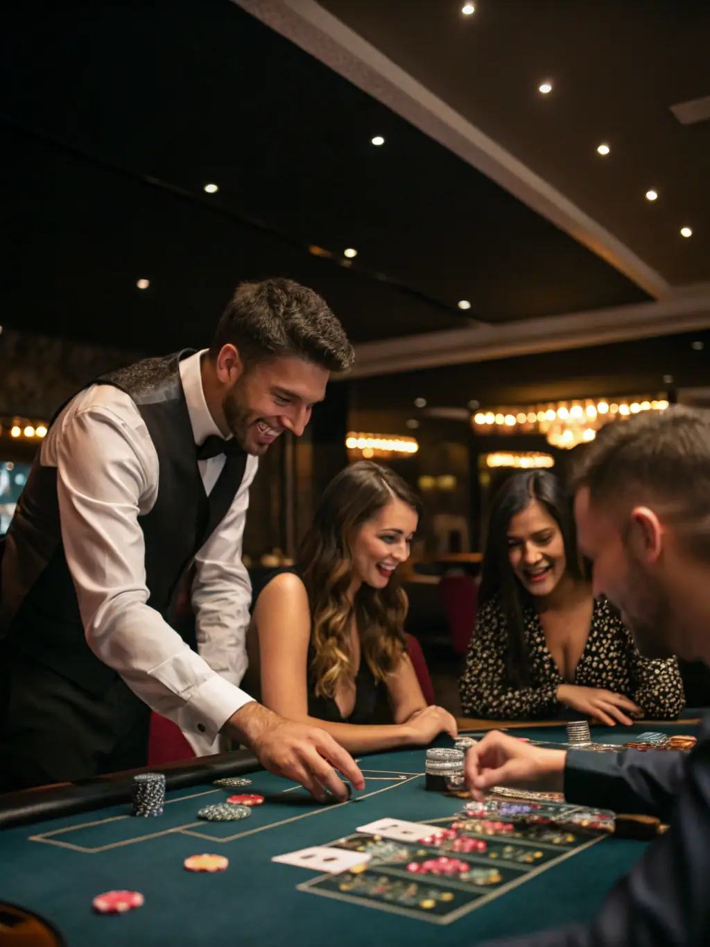 An elegant image depicting a live dealer at a blackjack table in 7u cassino, with players engaged in the game, creating an atmosphere of real-time excitement and interaction.